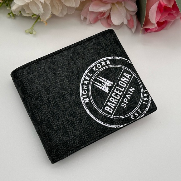 Michael Kors Men’s  Monogram Barcelona Billfold Wallet Black Scarlet - Picture 9 of 13